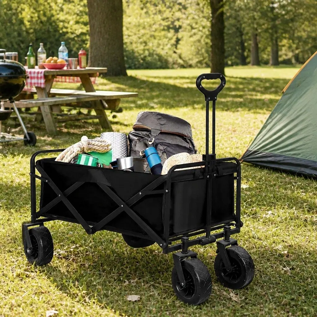 Garden Trolley Heavy Duty Steel Frame Foldable Wagon 90cm x 50cm x 60cm Black