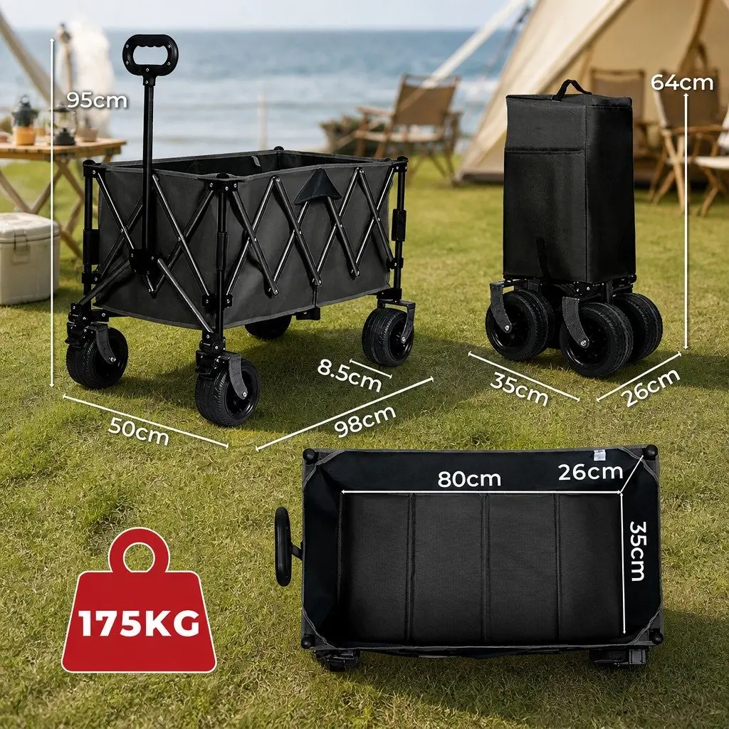 Folding Wagon Cart 3-Tier Steel Frame 240L Black All-Terrain Wheels