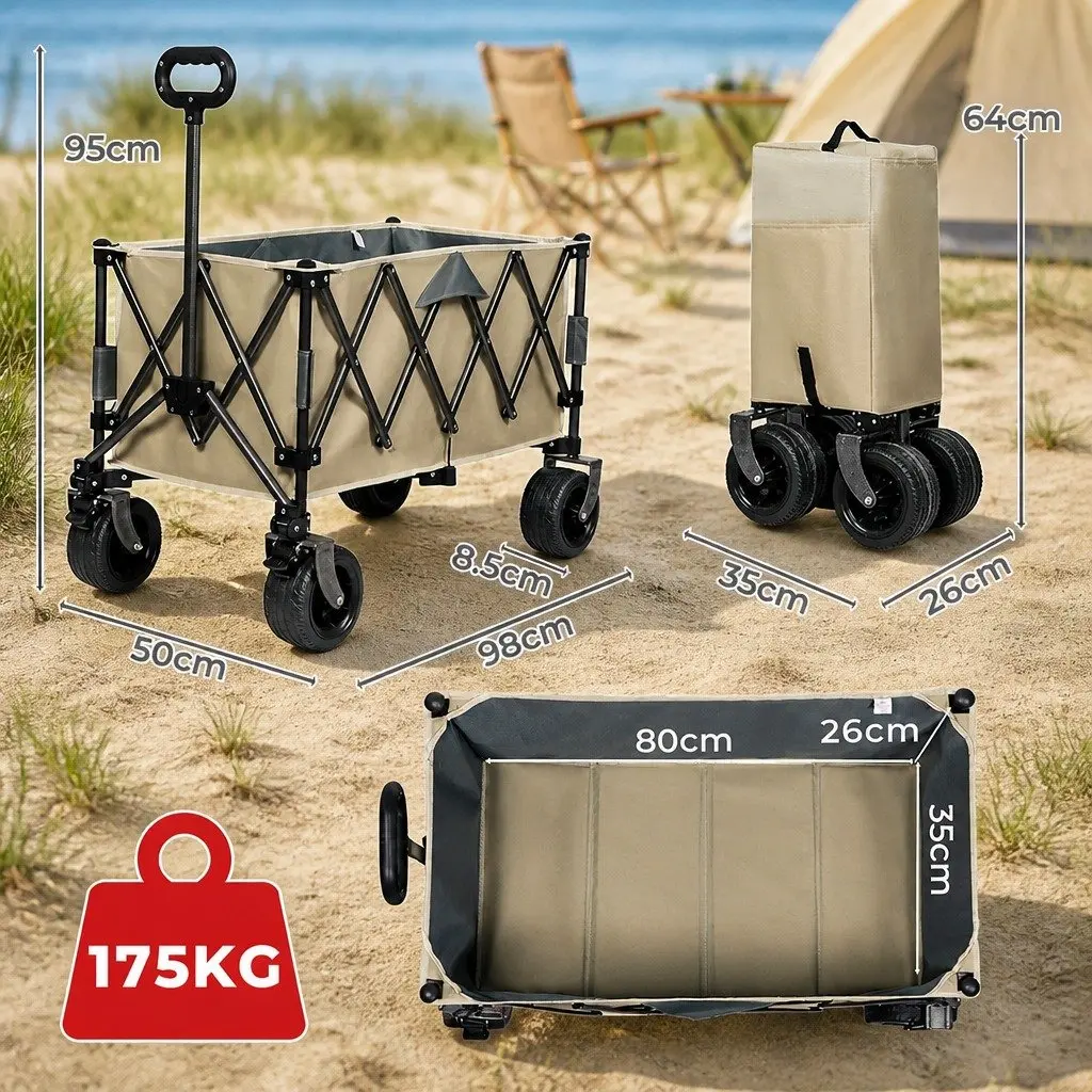 Folding Wagon Cart 3-Tier Storage All-Terrain Wheels Outdoor Camping Beach Khaki