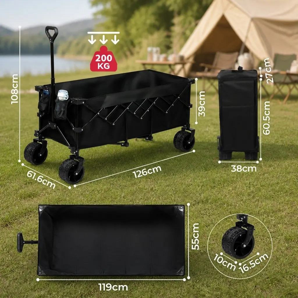 Folding Wagon Trolley Cart 3-Tier Steel 126cm x 108cm x 61.6cm Black