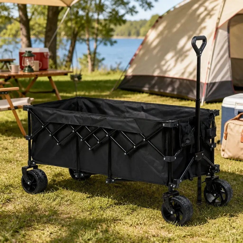 Folding Wagon Trolley Cart 3-Tier Steel 126cm x 108cm x 61.6cm Black