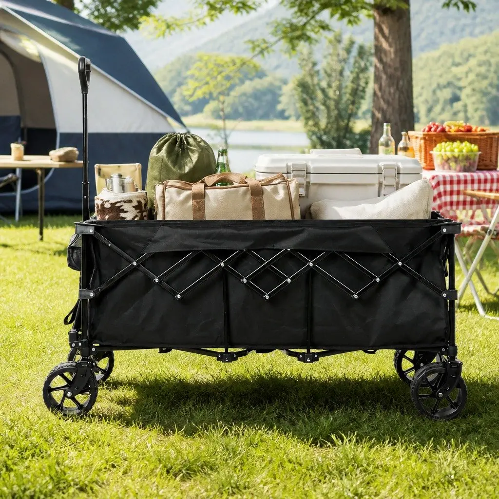 Folding Wagon Trolley Cart 3-Tier Steel 126cm x 108cm x 61.6cm Black
