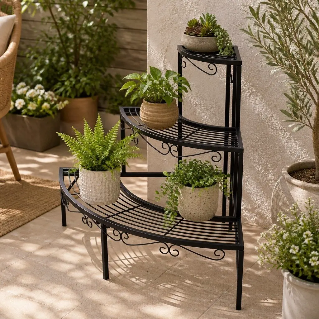 3-Tier Plant Stand Steel 84cm W x 60cm D x 60cm H Black or White Indoor Outdoor Flower Pot Rack Shelf Storage Garden