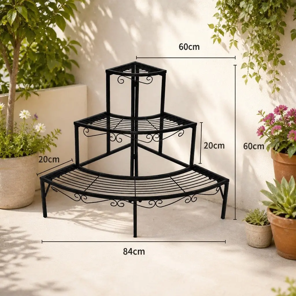 3-Tier Plant Stand Steel 84cm W x 60cm D x 60cm H Black or White Indoor Outdoor Flower Pot Rack Shelf Storage Garden