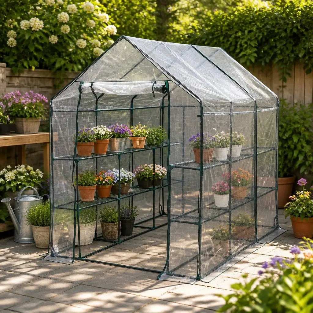 Walk In Greenhouse Steel Frame 3 Tier Shelves Transparent PVC Cover Outdoor Garden Plant Protection
