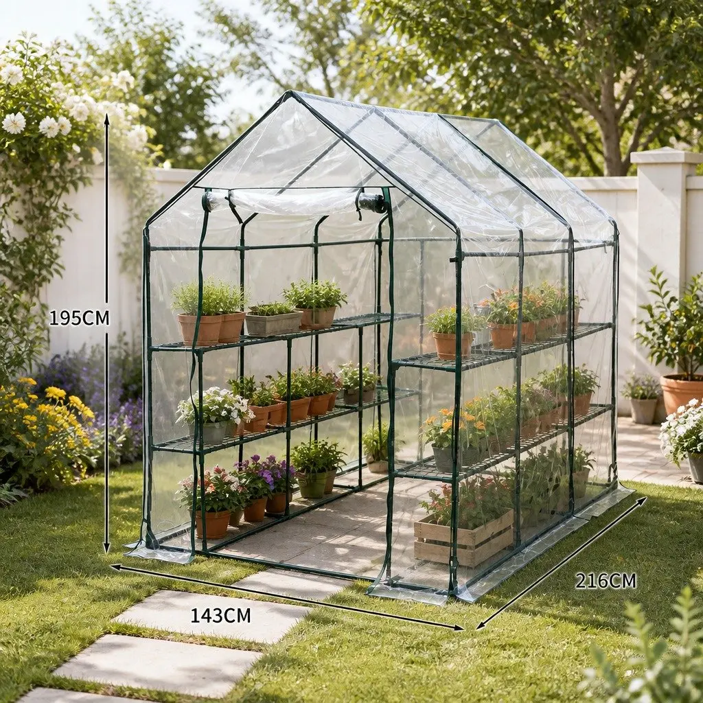 Walk In Greenhouse Steel Frame 3 Tier Shelves Transparent PVC Cover Outdoor Garden Plant Protection