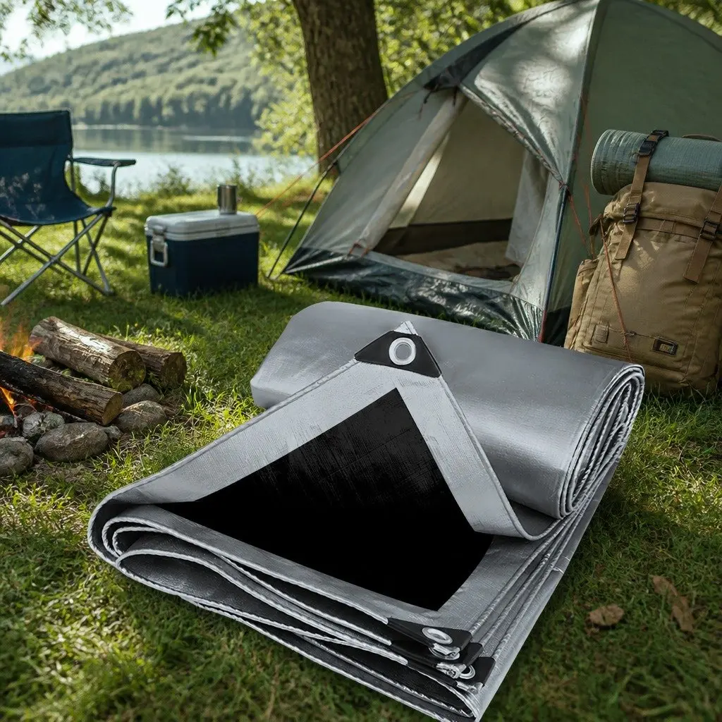 Heavy Duty Tarp Tarpaulin 200GSM Waterproof Grey and Black 2.13m x 6.10m Outdoor Weather Protection