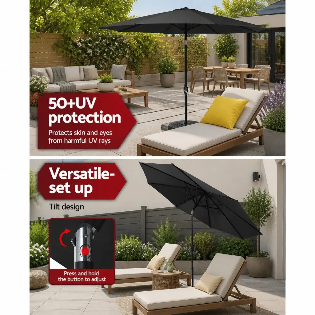 Outdoor Umbrella Octagonal Canopy 2.7m Black Water-resistant Polyester Garden Patio