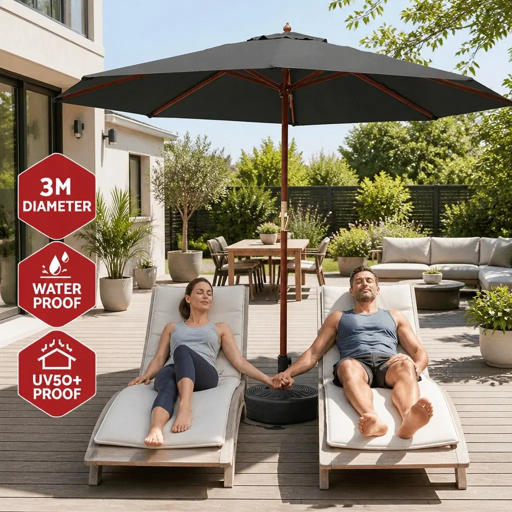 Outdoor Umbrella 3m Octagonal Garden Sun Shade Centre Post Charcoal with Base