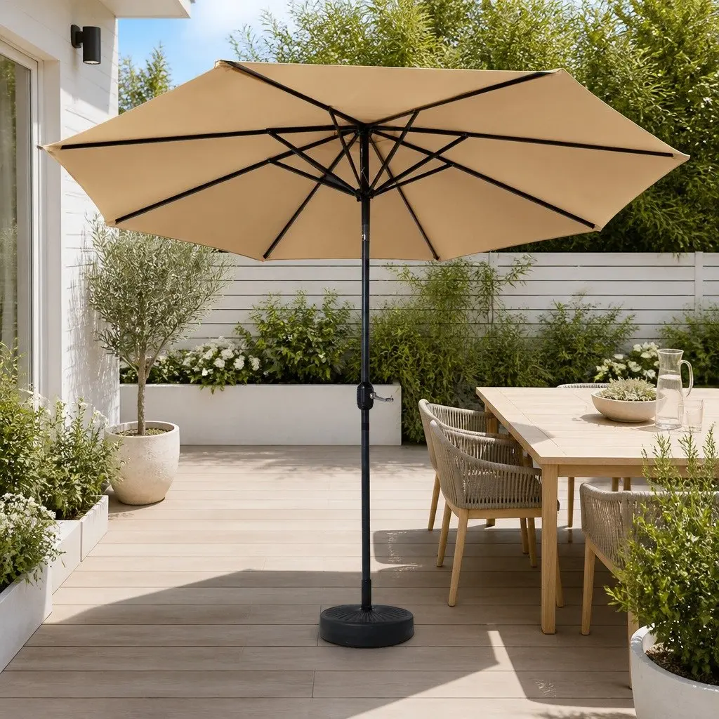 Outdoor Umbrella 3m Centre Post Octagonal Canopy UV50+ Tilt Beige Garden Patio