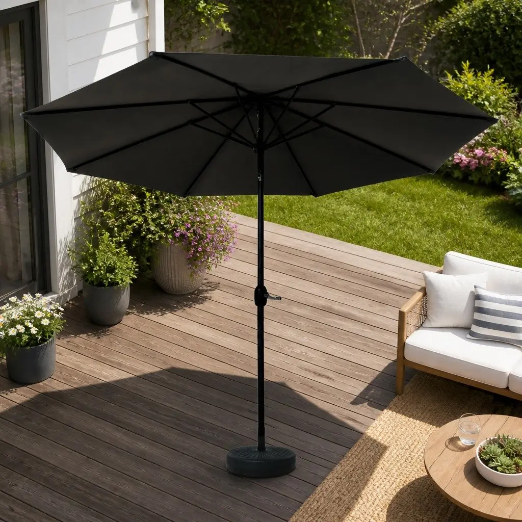 Outdoor Umbrella Octagonal 3m Black Polyester Centre Post Garden Patio Beach Sun Shade
