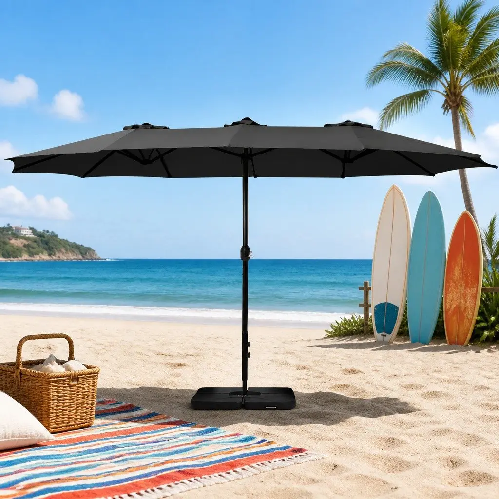 Outdoor Umbrella 4.57m Black Twin Canopy with Base Stand Steel Frame and Polyester Fabric