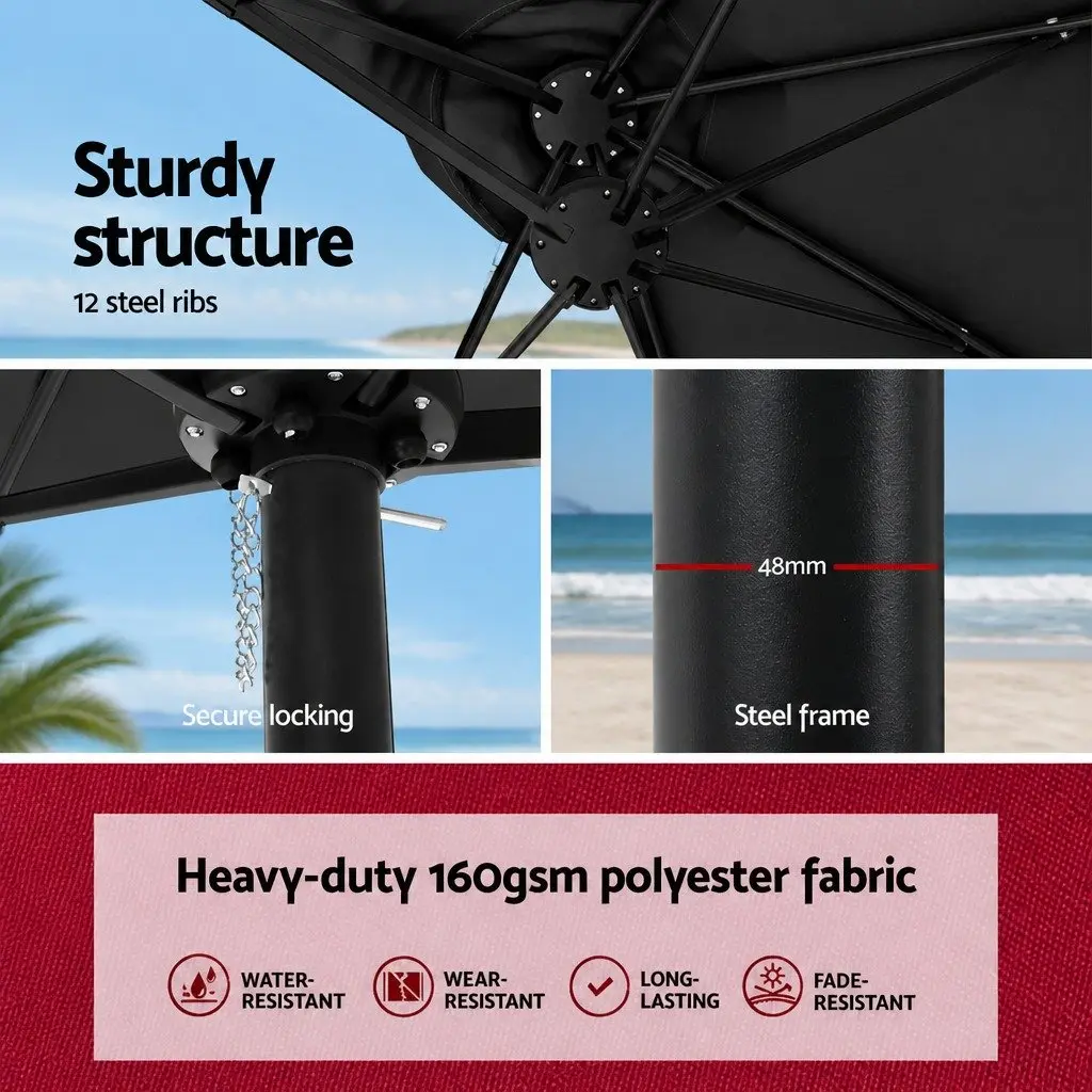 Outdoor Umbrella 4.57m Black Twin Canopy with Base Stand Steel Frame and Polyester Fabric