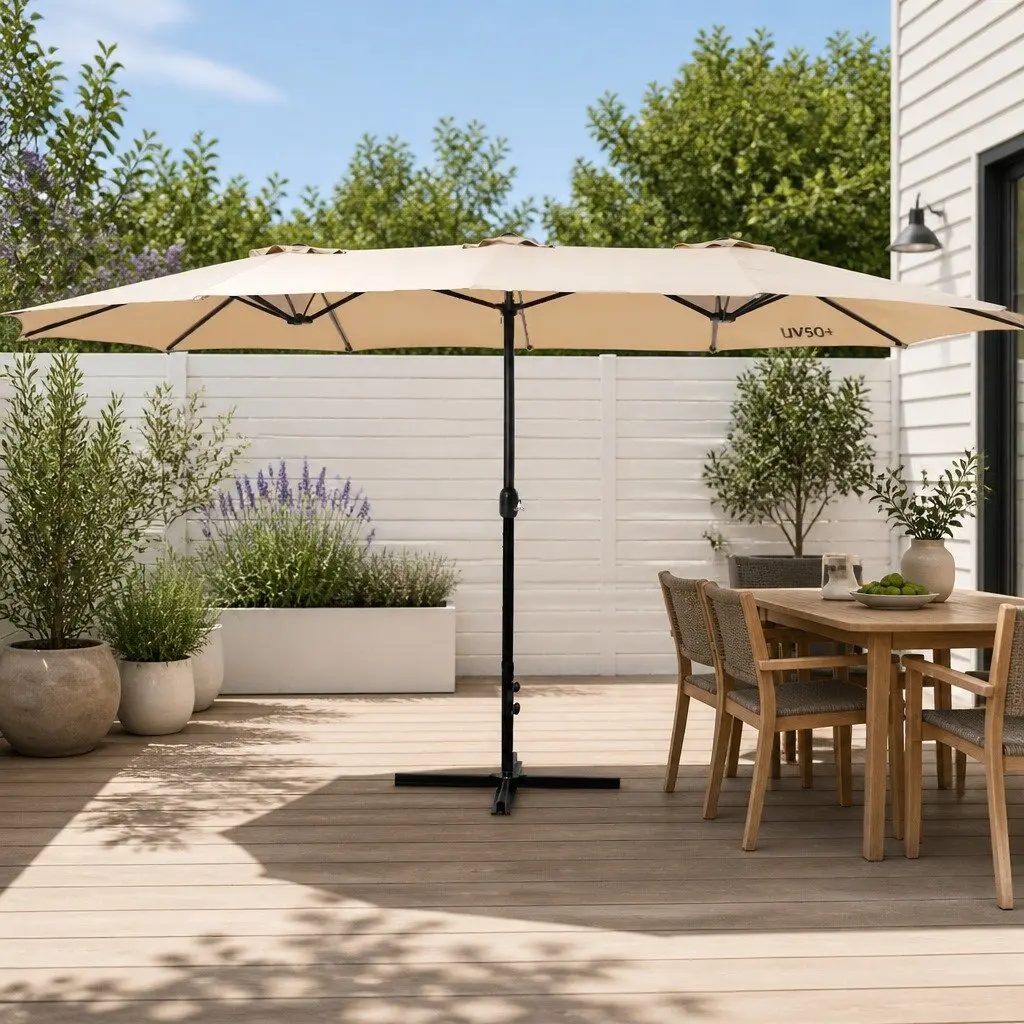 Outdoor Umbrella Beige Dodecagon Canopy 4.57m Centre Post Steel Construction Garden Beach Tilt Feature