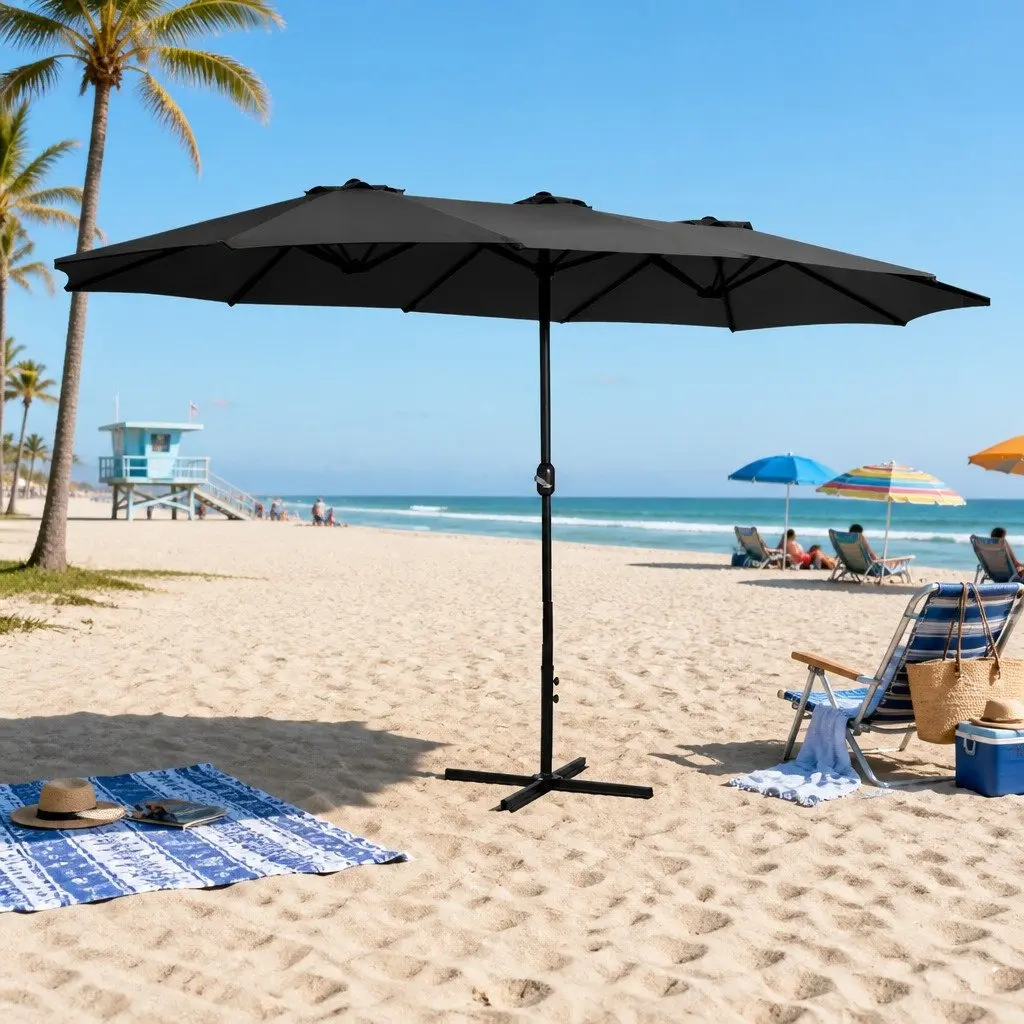 Outdoor Umbrella Steel Frame 4.57m Dodecagon Canopy Black