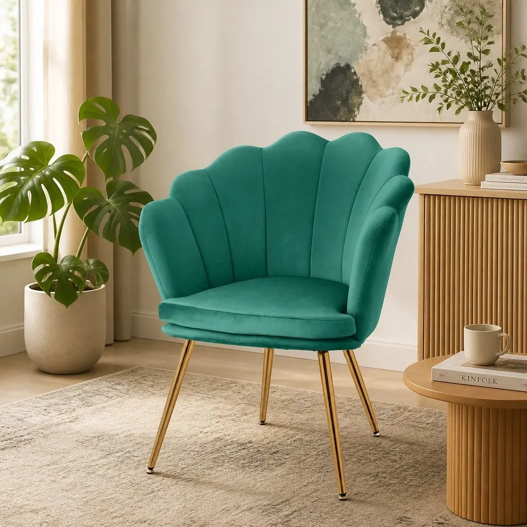 Green Velvet Armchair Shell Back Design Scallop Accent Chair Golden Legs Wood