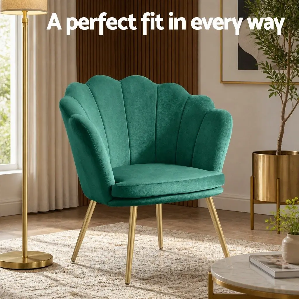 Green Velvet Armchair Shell Back Design Scallop Accent Chair Golden Legs Wood
