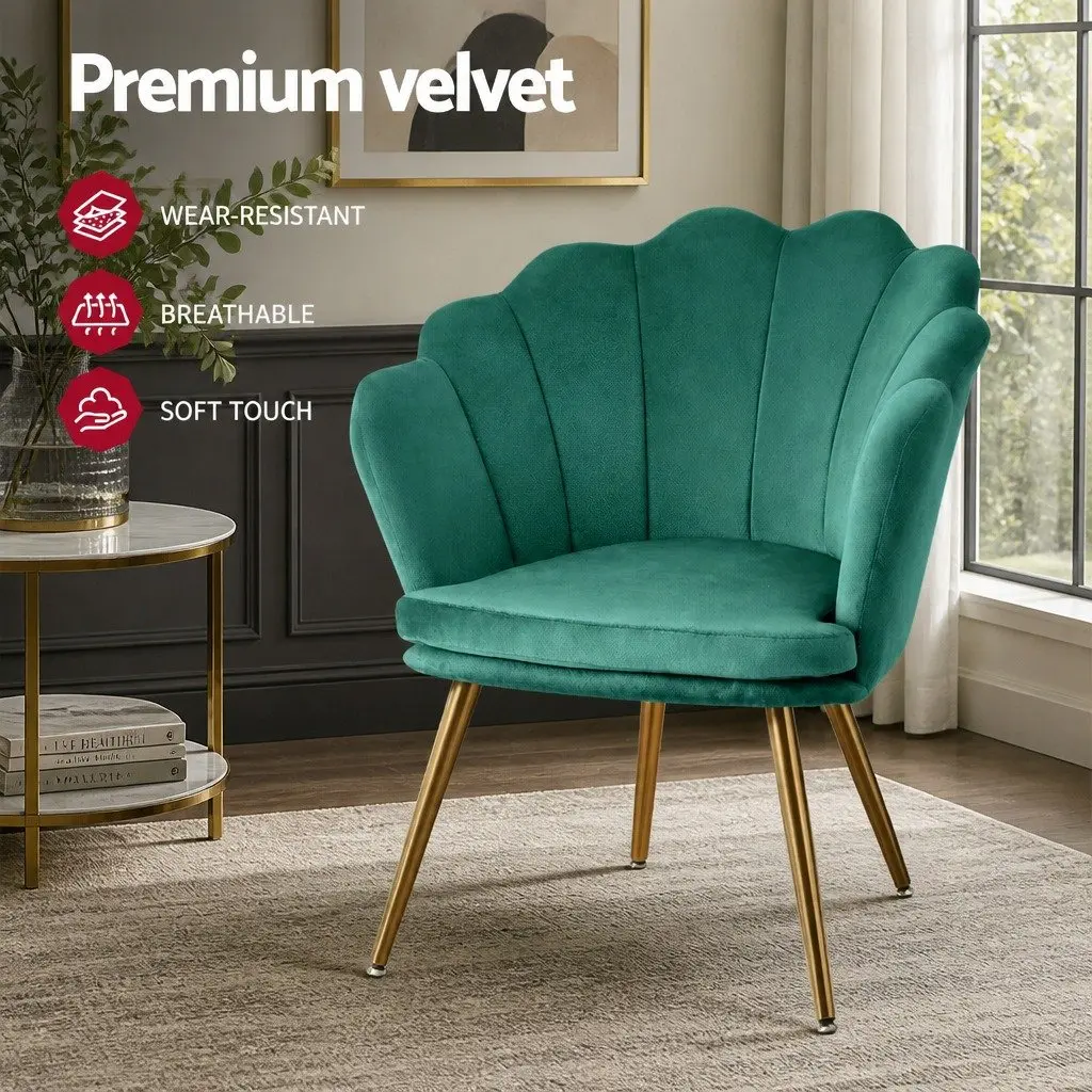 Green Velvet Armchair Shell Back Design Scallop Accent Chair Golden Legs Wood