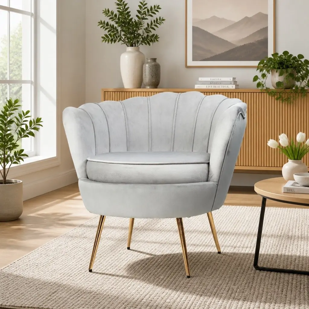 Armchair Velvet Grey Shell Back Design Accent Chair Lounge Seat Home Furniture