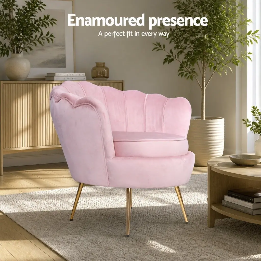 Pink Velvet Armchair Shell Back Design Accent Chair with Golden Metal Legs