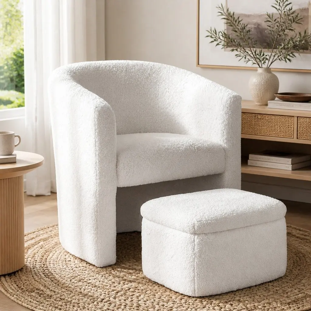 Accent Armchair Upholstered Sherpa Fleece with Storage Ottoman White