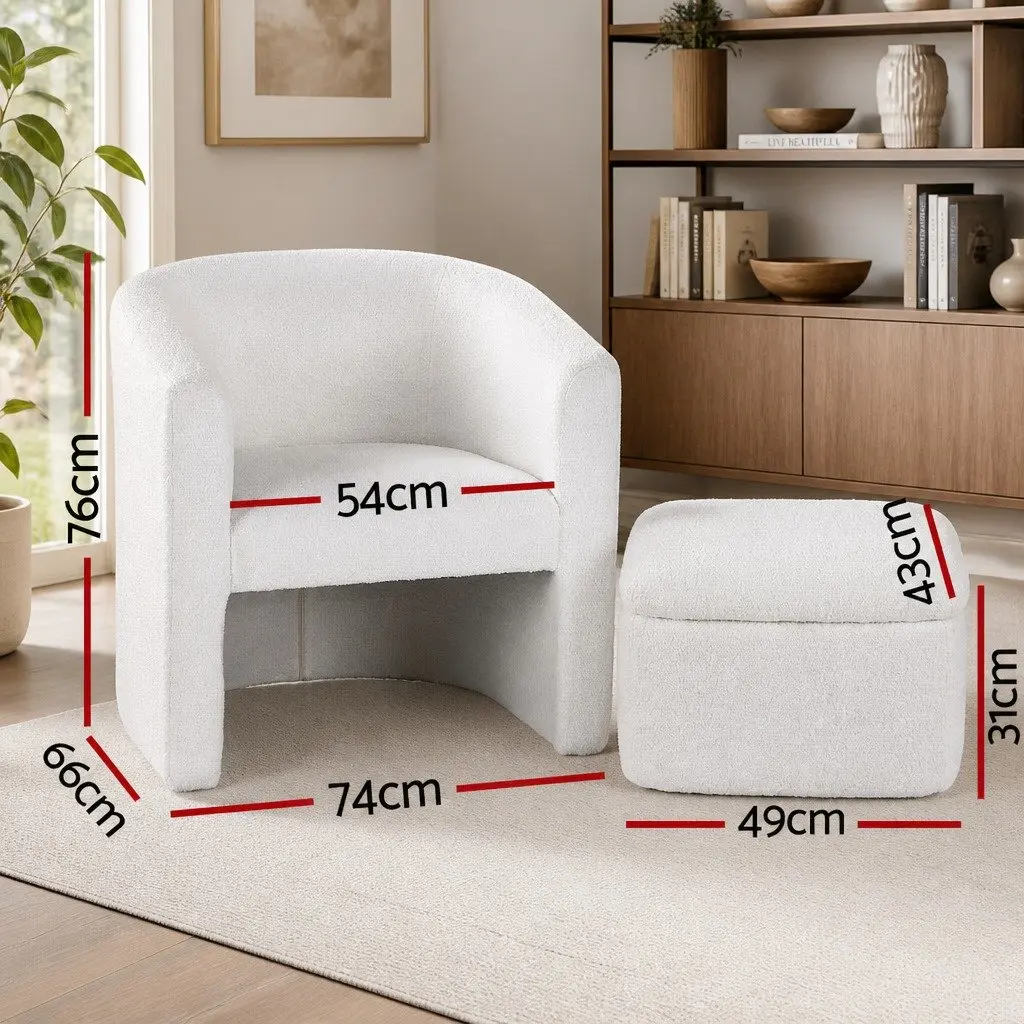 Accent Armchair Upholstered Sherpa Fleece with Storage Ottoman White