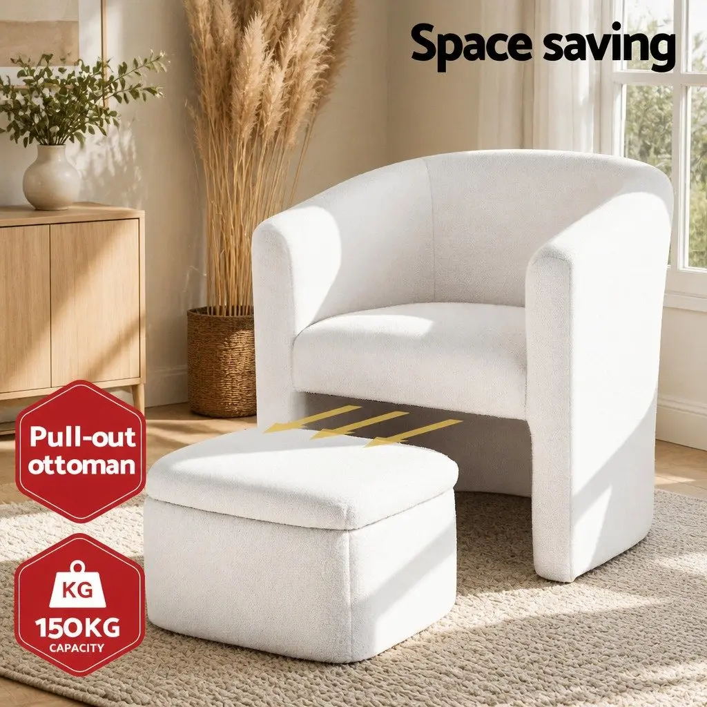 Accent Armchair Upholstered Sherpa Fleece with Storage Ottoman White