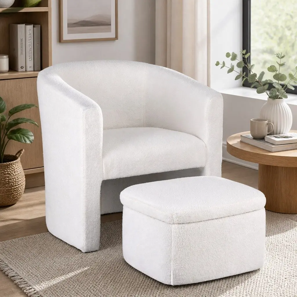 Accent Armchair Upholstered Sherpa Fleece with Storage Ottoman White