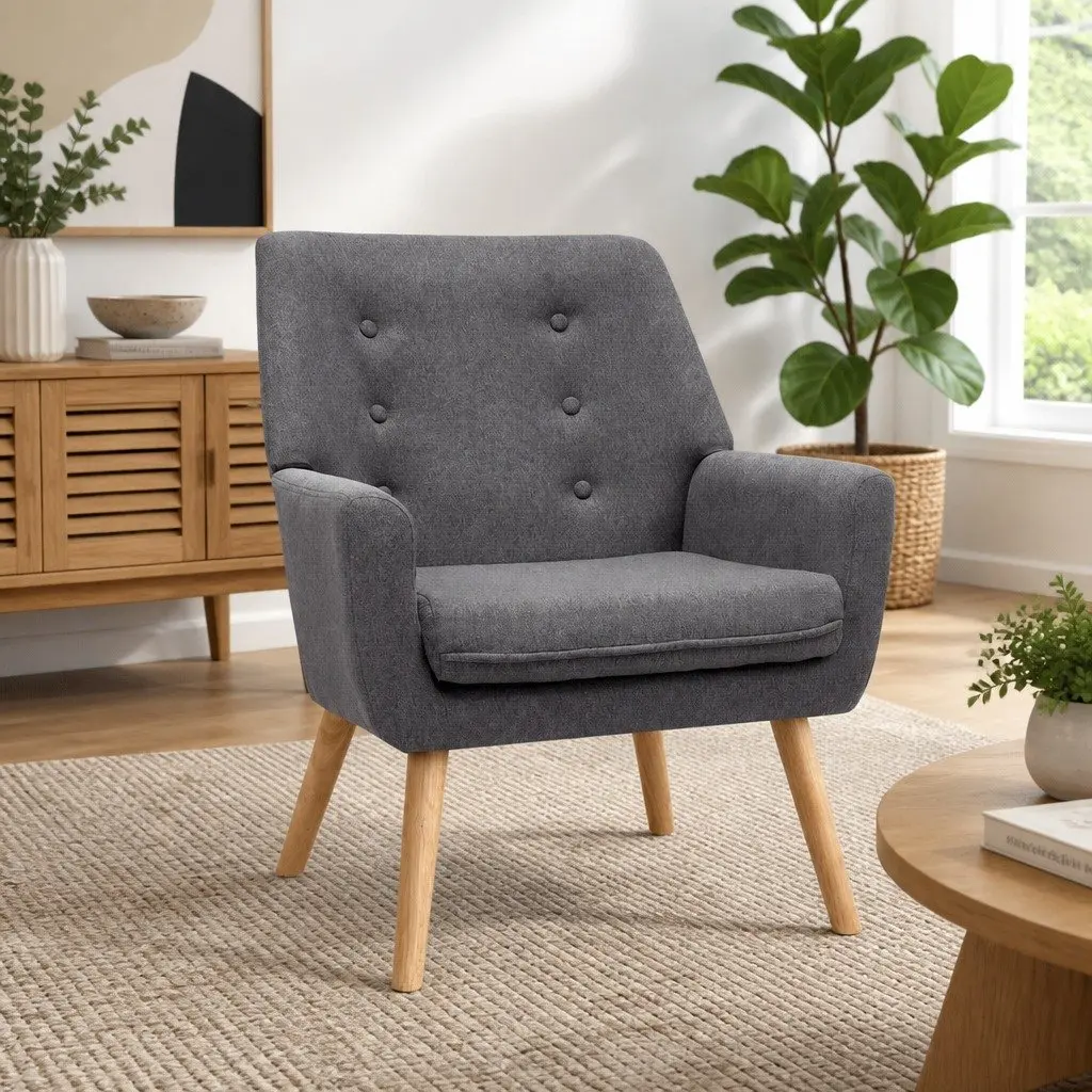 Armchair Linen Fabric Upholstered Full Size Grey Tufted Button Lounge Chair