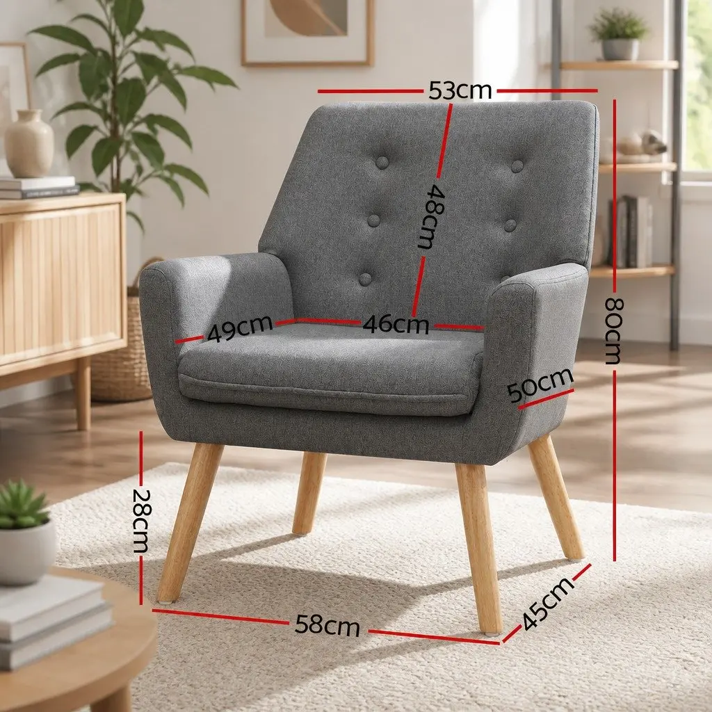 Armchair Linen Fabric Upholstered Full Size Grey Tufted Button Lounge Chair