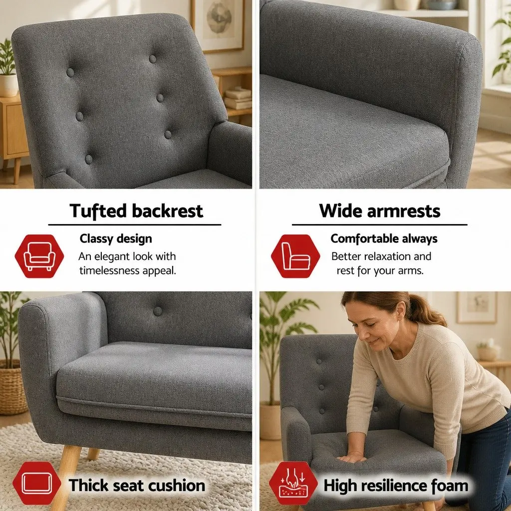 Armchair Linen Fabric Upholstered Full Size Grey Tufted Button Lounge Chair
