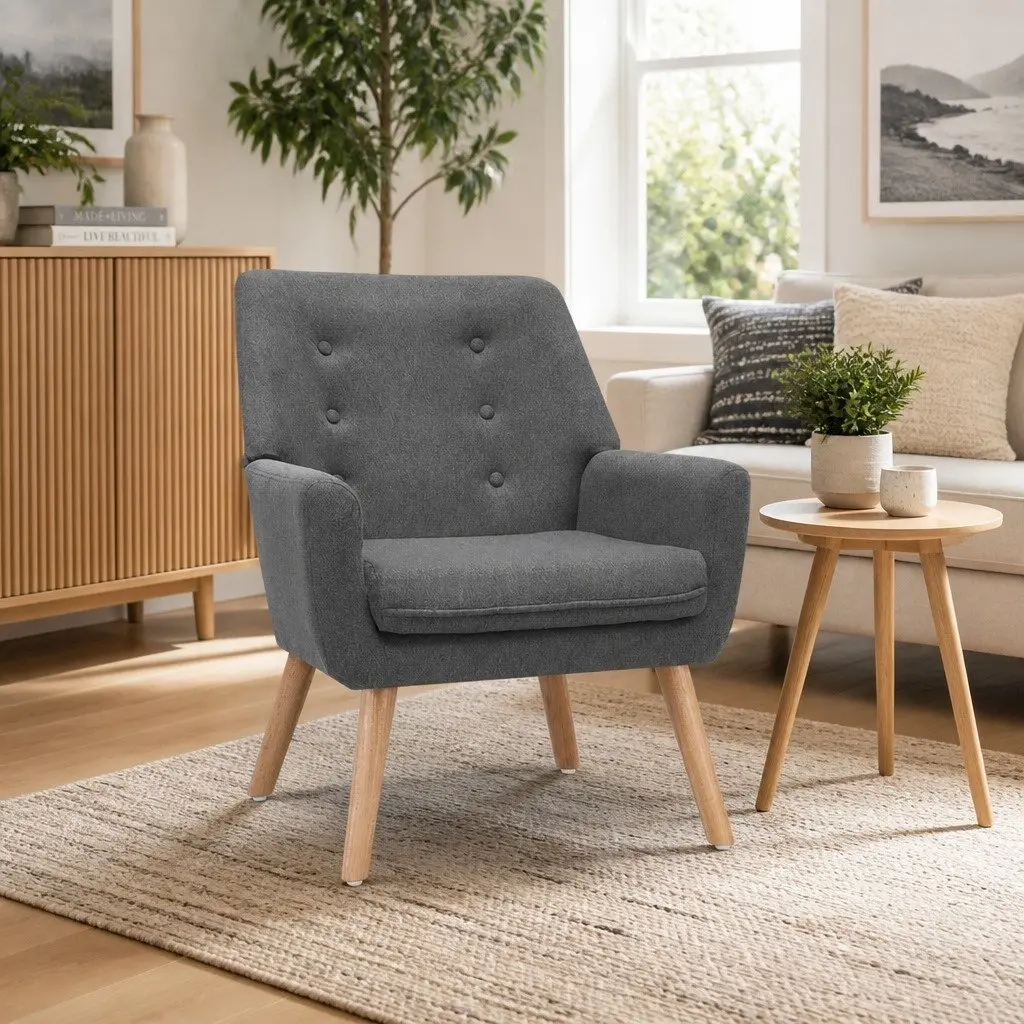 Armchair Linen Fabric Upholstered Full Size Grey Tufted Button Lounge Chair