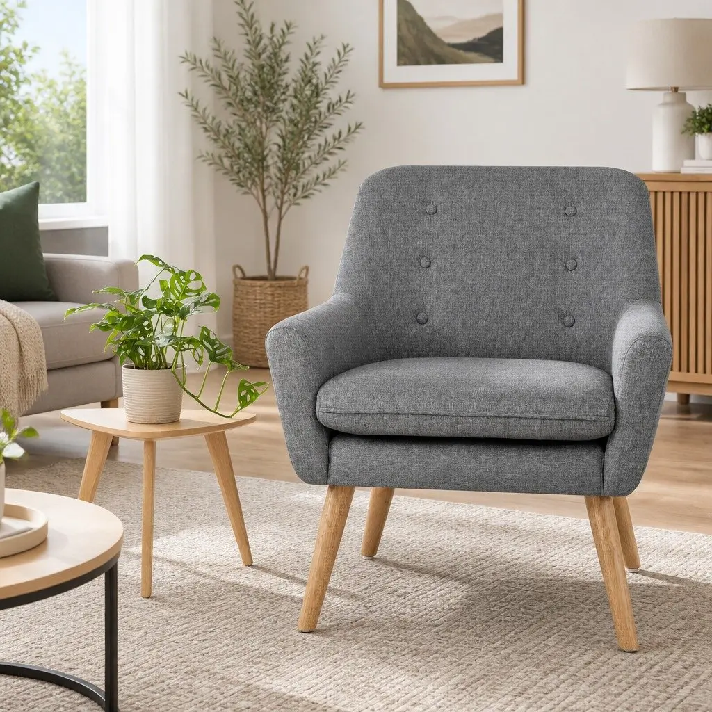 Armchair Linen Fabric Upholstered Full Size Grey Tufted Button Lounge Chair