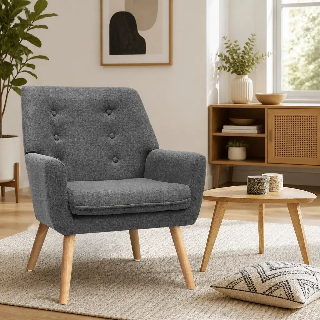 Armchair Linen Fabric Upholstered Full Size Grey Tufted Button Lounge Chair