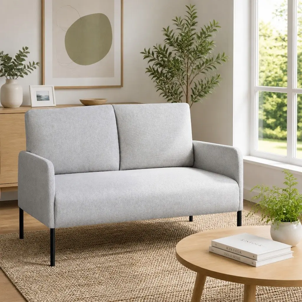 2 Seater Armchair Cushioned Lounge Chair Grey Linen Upholstered Metal Frame