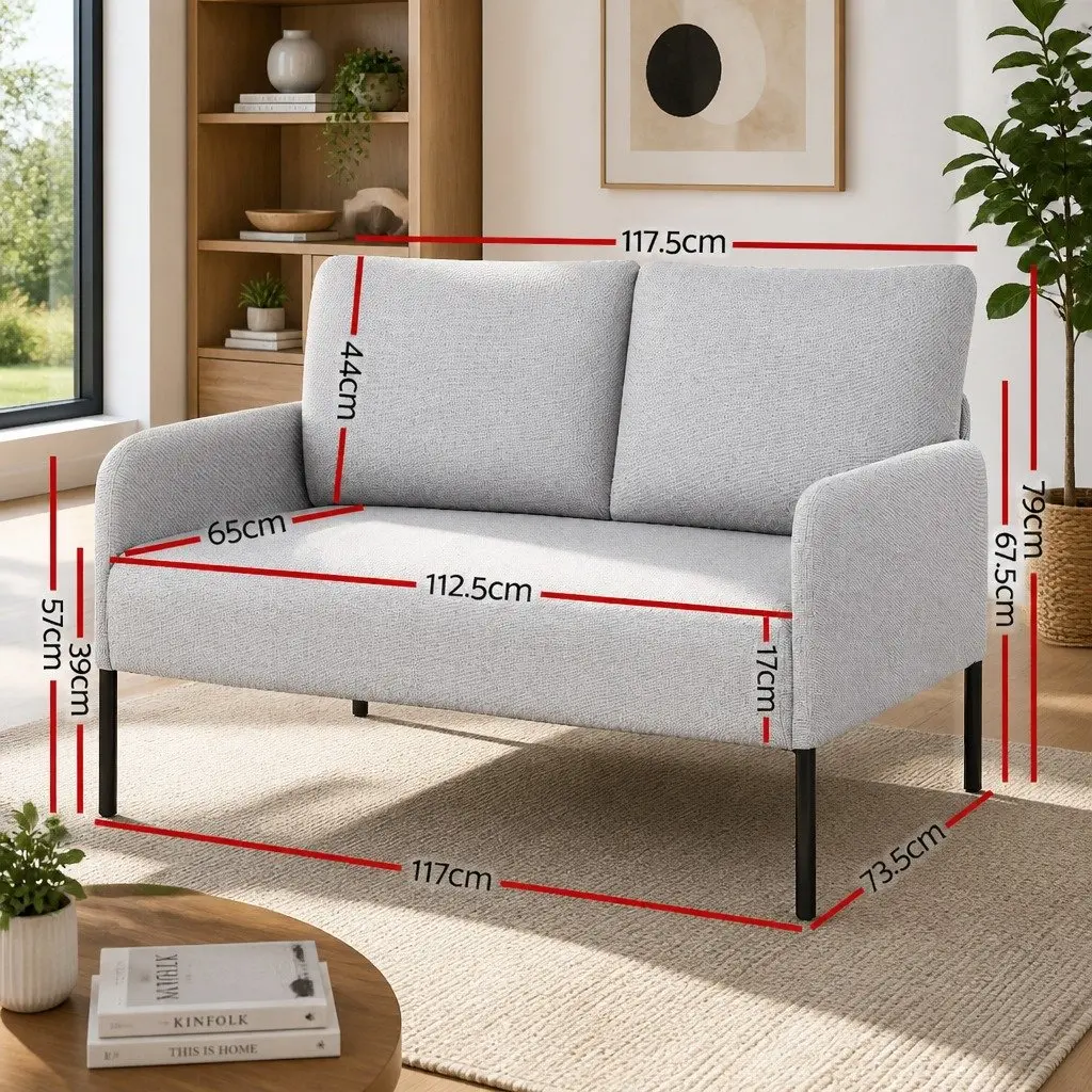 2 Seater Armchair Cushioned Lounge Chair Grey Linen Upholstered Metal Frame