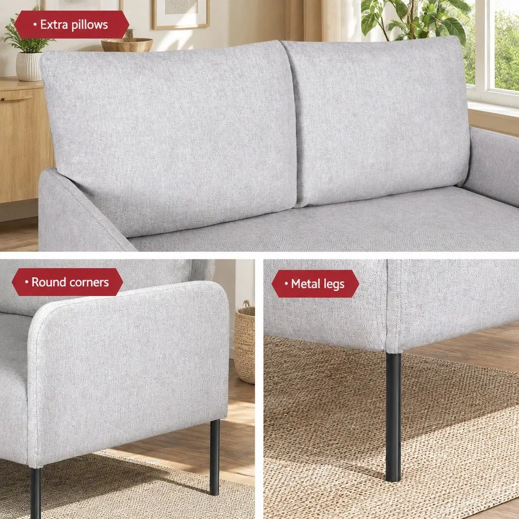 2 Seater Armchair Cushioned Lounge Chair Grey Linen Upholstered Metal Frame