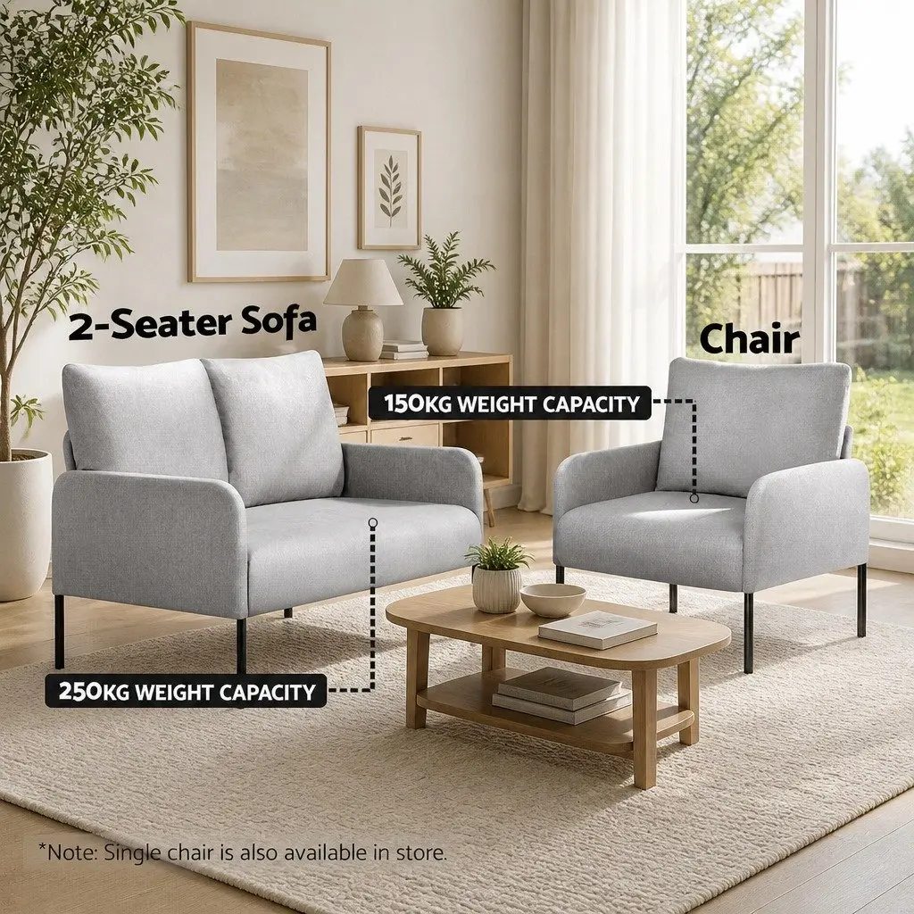 2 Seater Armchair Cushioned Lounge Chair Grey Linen Upholstered Metal Frame