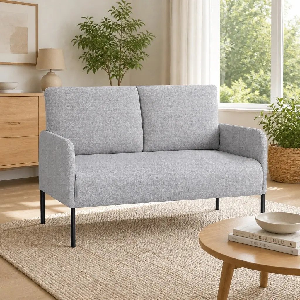 2 Seater Armchair Cushioned Lounge Chair Grey Linen Upholstered Metal Frame