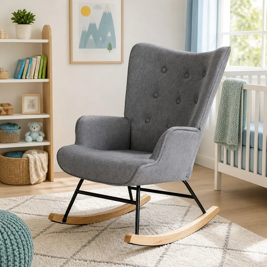 Rocking Armchair Nursing Chair Linen Fabric Grey Lounge Seat With Metal Frame
