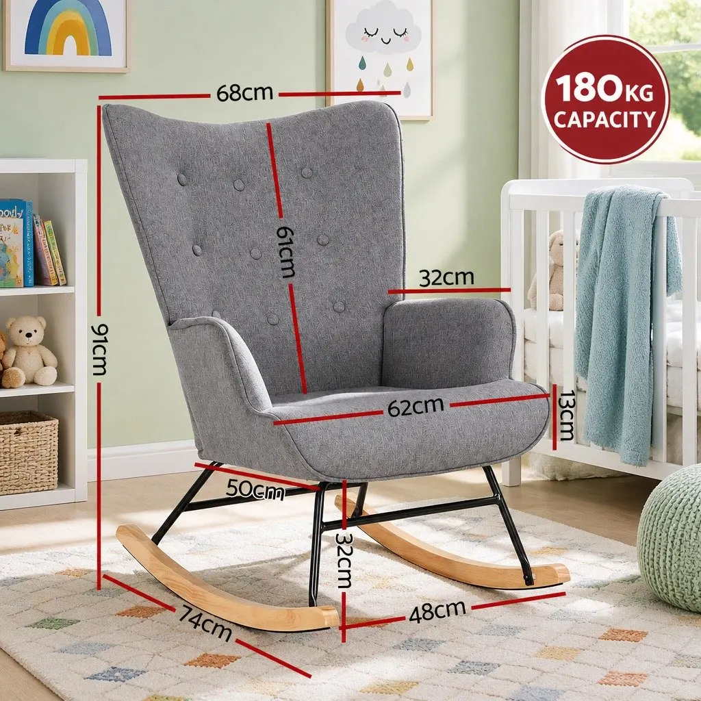 Rocking Armchair Nursing Chair Linen Fabric Grey Lounge Seat With Metal Frame