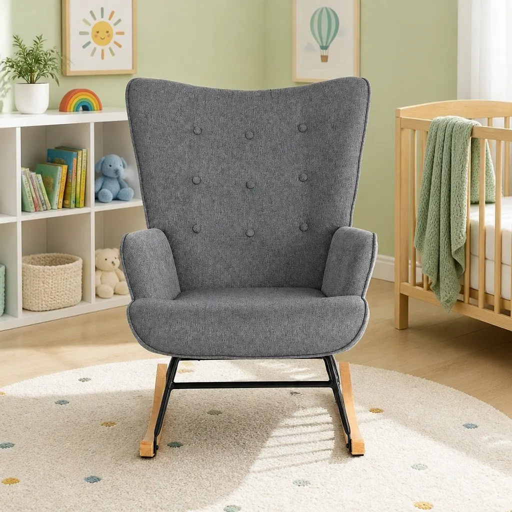 Rocking Armchair Nursing Chair Linen Fabric Grey Lounge Seat With Metal Frame