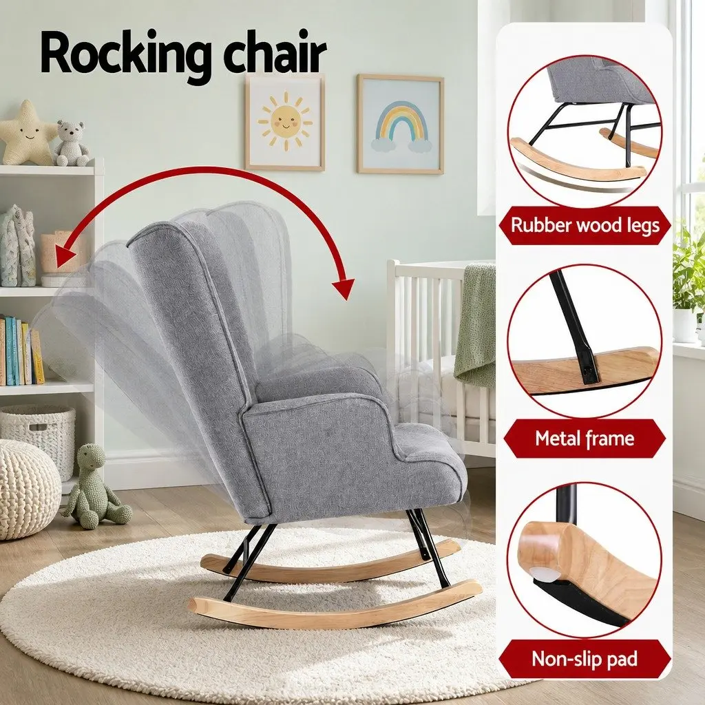 Rocking Armchair Nursing Chair Linen Fabric Grey Lounge Seat With Metal Frame