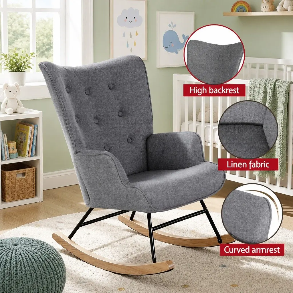 Rocking Armchair Nursing Chair Linen Fabric Grey Lounge Seat With Metal Frame