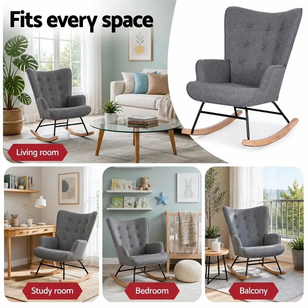 Rocking Armchair Nursing Chair Linen Fabric Grey Lounge Seat With Metal Frame