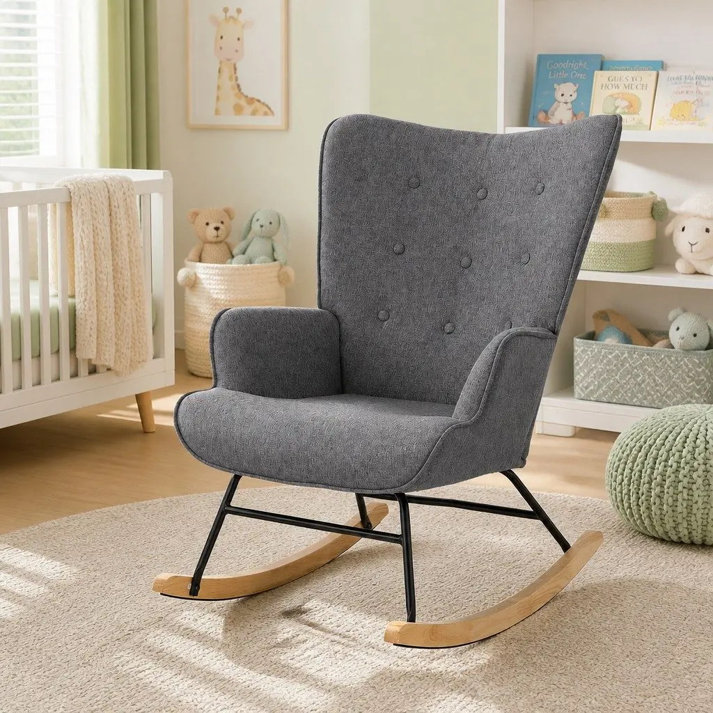 Rocking Armchair Nursing Chair Linen Fabric Grey Lounge Seat With Metal Frame