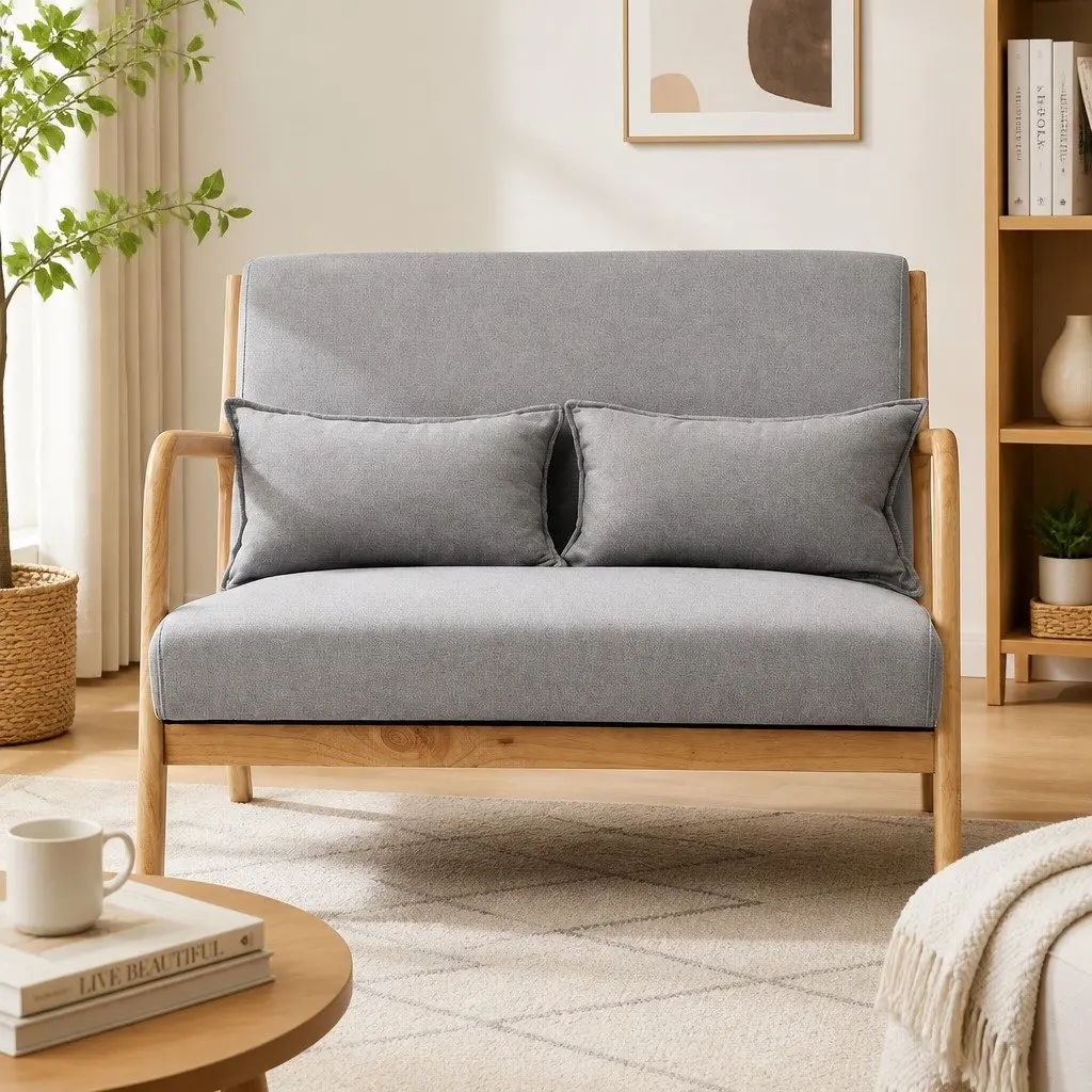 2-Seater Armchair Loveseat Modern Sofa with Rubber Wood Frame Light Grey Comfort