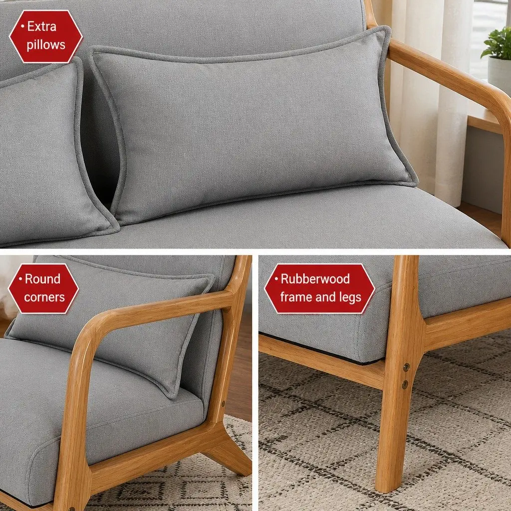 2-Seater Armchair Loveseat Modern Sofa with Rubber Wood Frame Light Grey Comfort