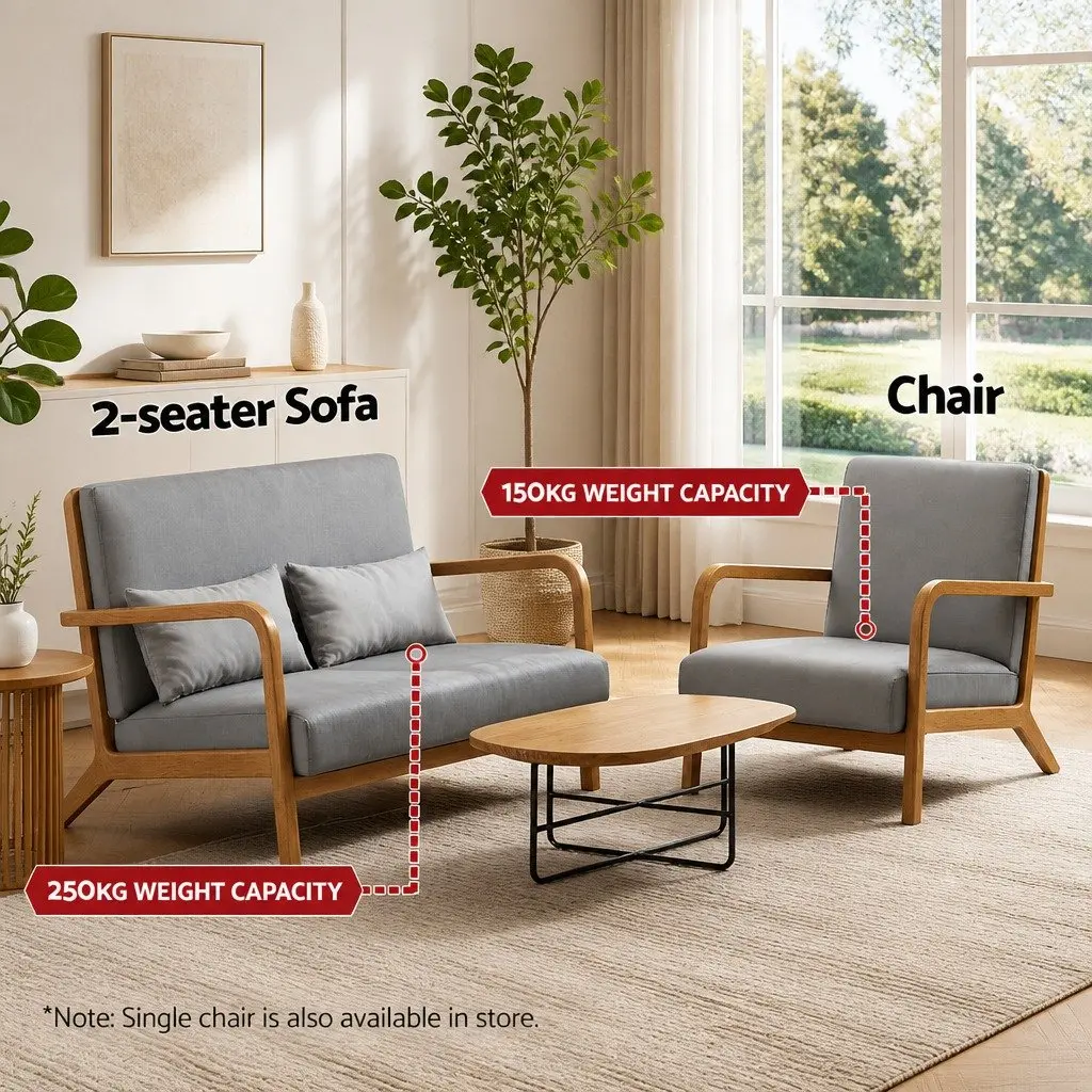 2-Seater Armchair Loveseat Modern Sofa with Rubber Wood Frame Light Grey Comfort