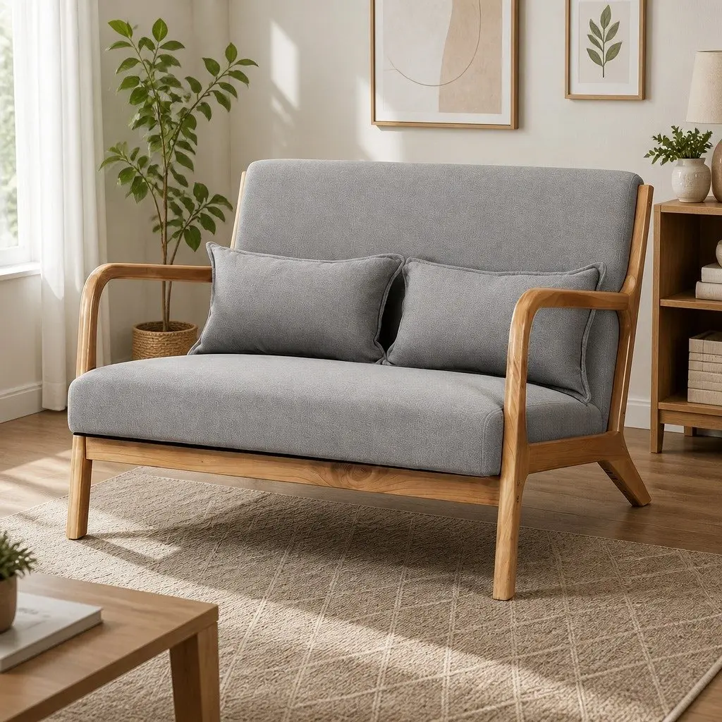 2-Seater Armchair Loveseat Modern Sofa with Rubber Wood Frame Light Grey Comfort